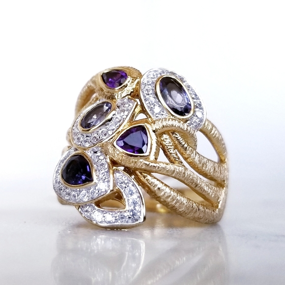 Sterling Silver 18K Gold Plated Ring With Topaz Amethyst and Tanzanite Size 9.5